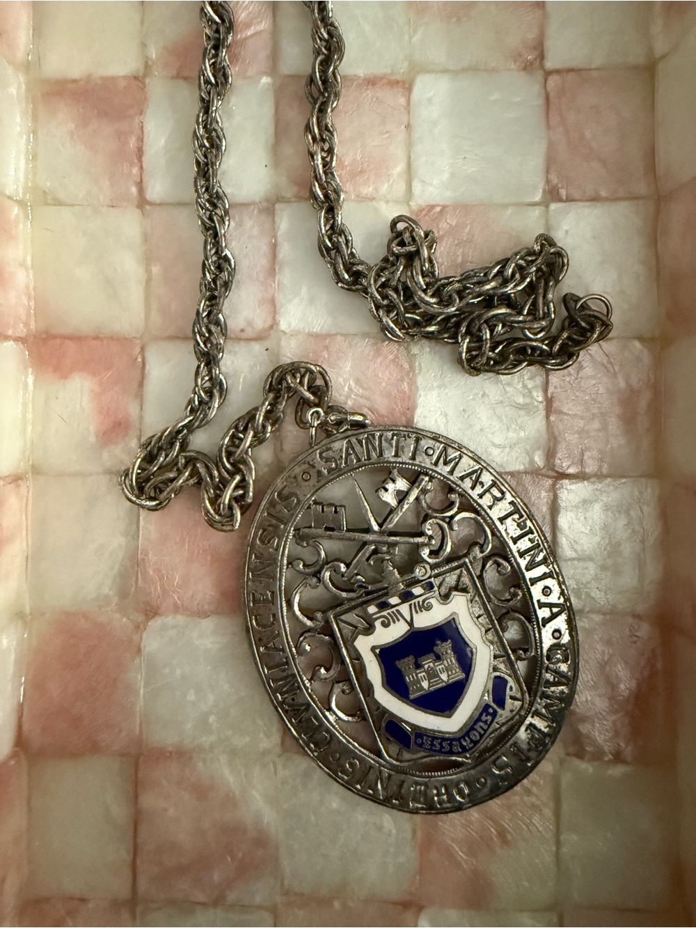Silver Tone Medallion Necklace with Blue & White Enamel Crest